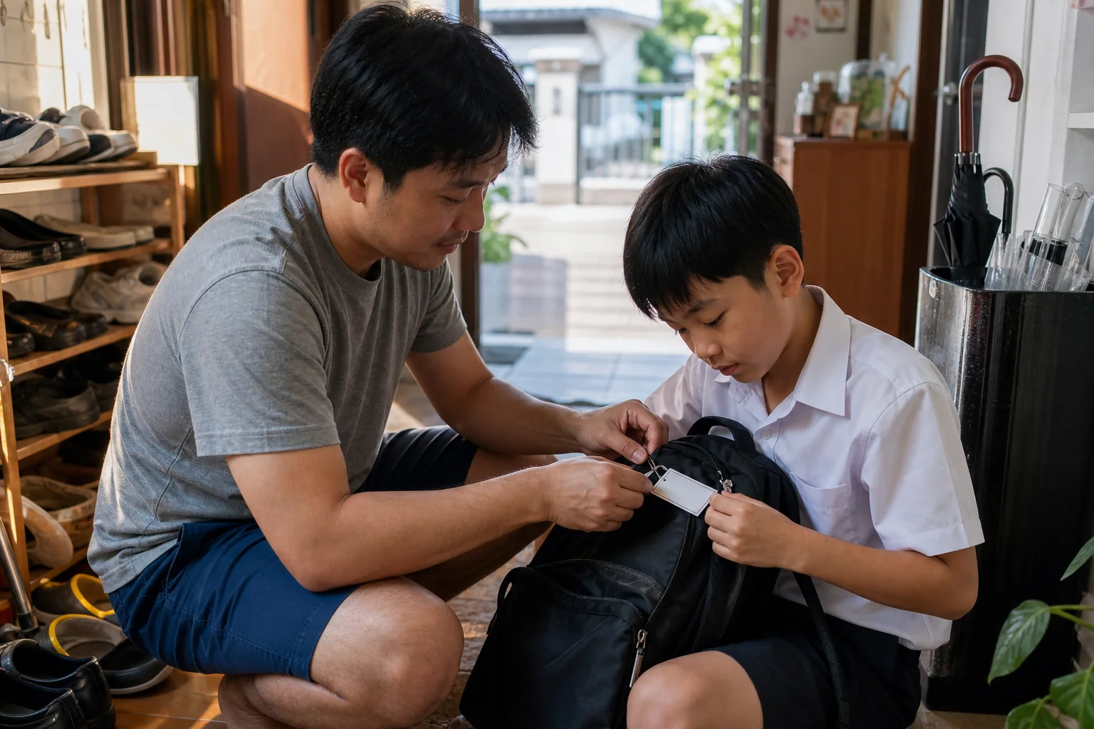 พ่อกับลูกชายทดลองใช้บัตรชื่อระหว่างเตรียมกระเป๋านักเรียน — Names.in.th พ่อกับลูกชายทดลองใช้บัตรชื่อระหว่างเตรียมกระเป๋านักเรียน