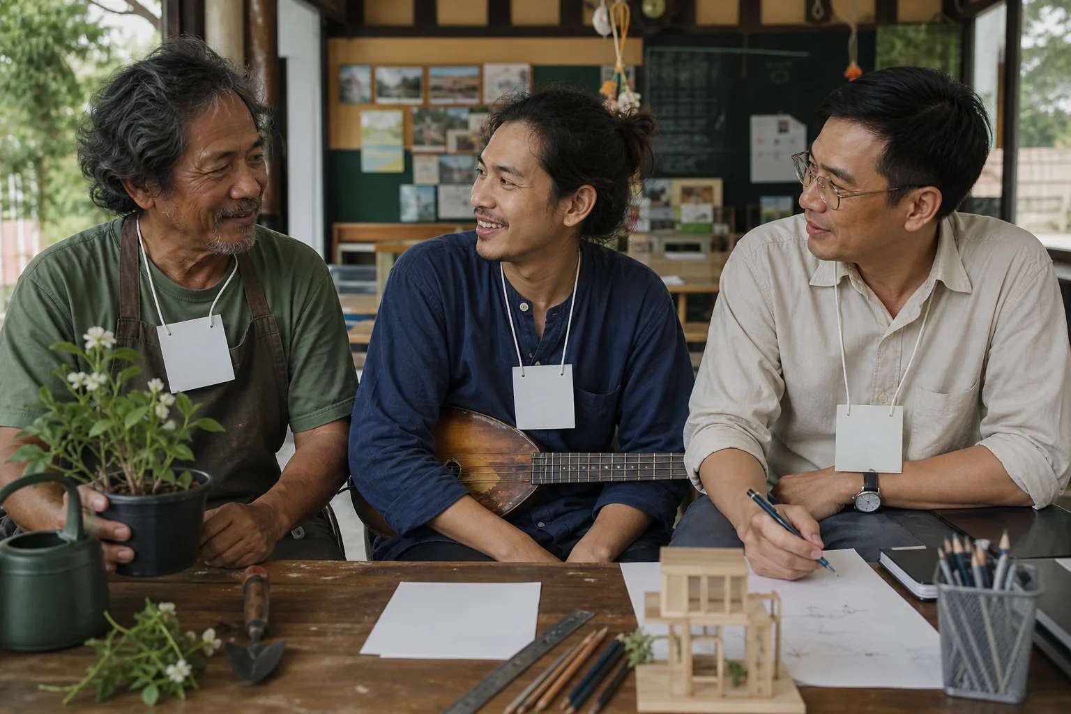 ผู้ชายไทยต่างวัยและต่างความสนใจนั่งสนทนาที่โต๊ะชุมชน — Names.in.th ผู้ชายไทยต่างวัยและต่างความสนใจนั่งสนทนาที่โต๊ะชุมชน