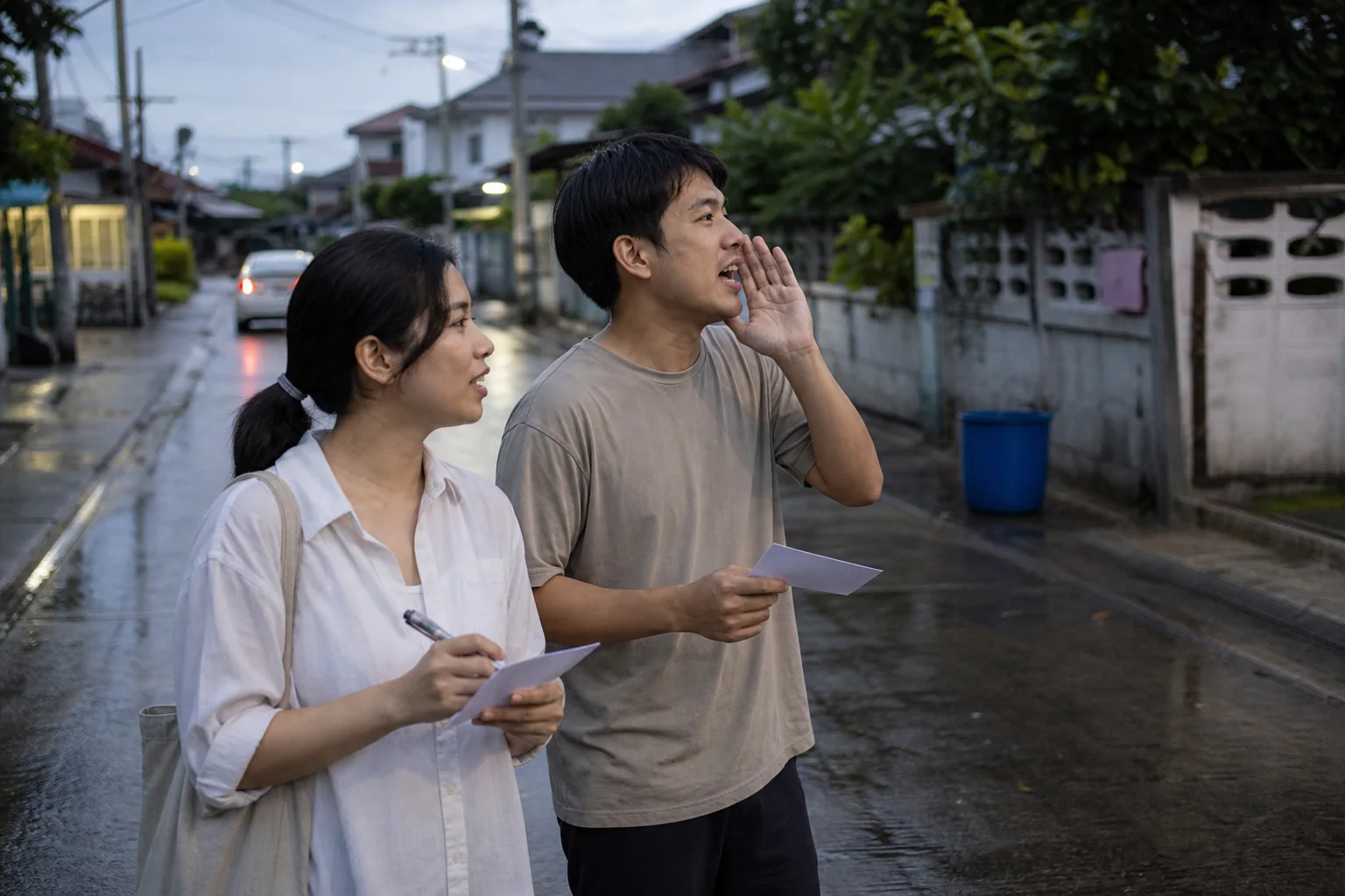 คู่รักทดลองเรียกชื่อที่คัดไว้ระหว่างเดินในชุมชน