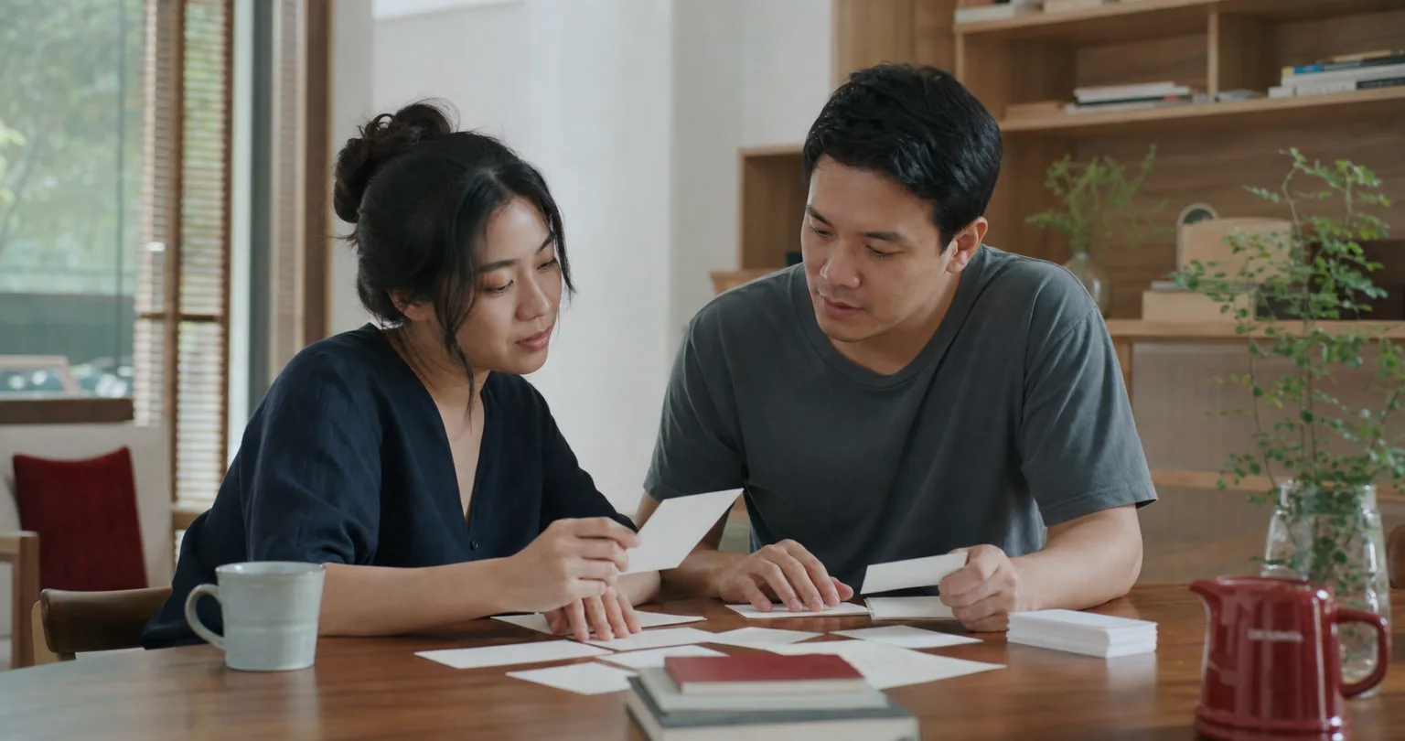 คู่รักชาวไทยกำลังเปรียบเทียบบัตรรายชื่อร่วมกันที่บ้าน
